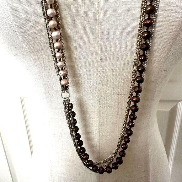 Nakamol brown  and cream pearl multi strand long chain necklace - Picture 3 of 15
